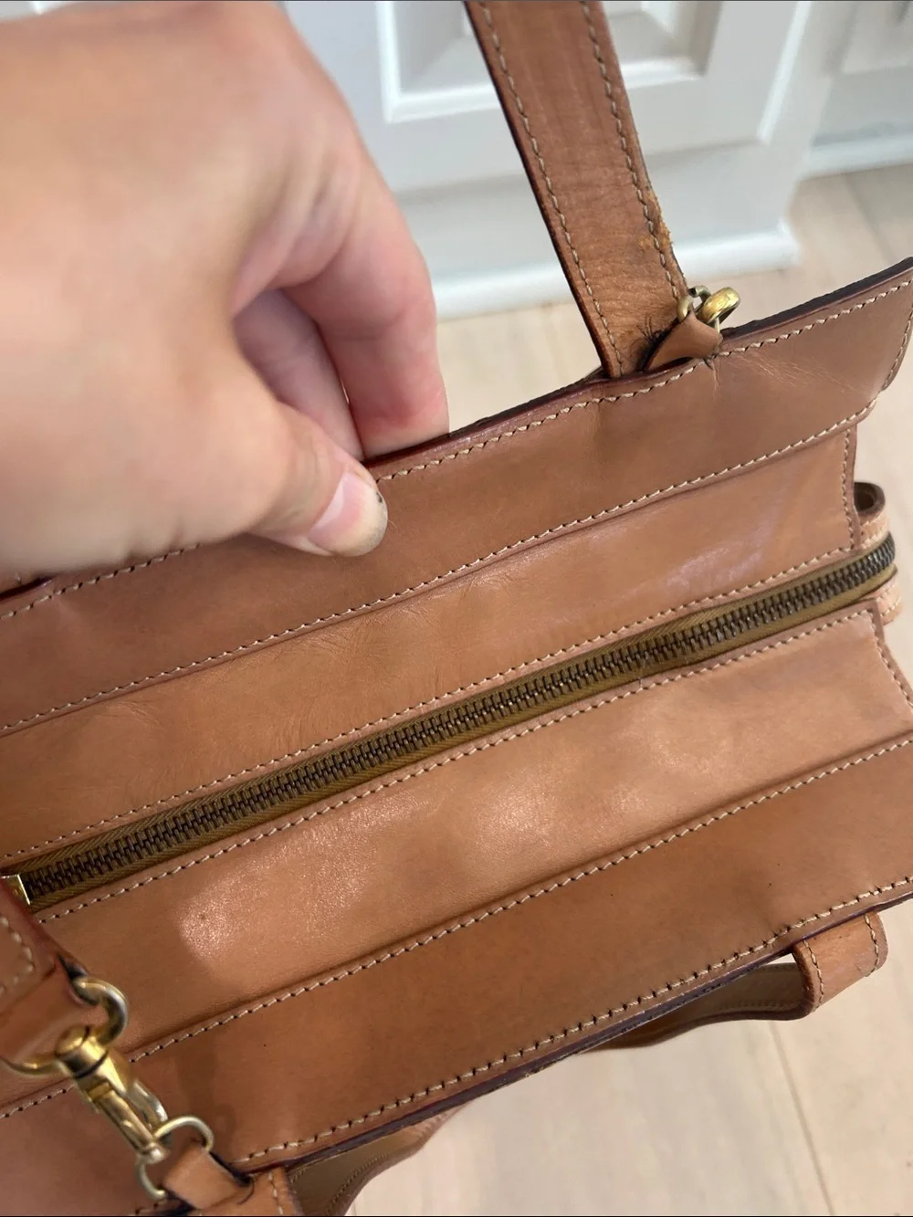 CELINE Beige Triomphe Canvas Satchel with Tan Leather Trim 10”X9”X4,5